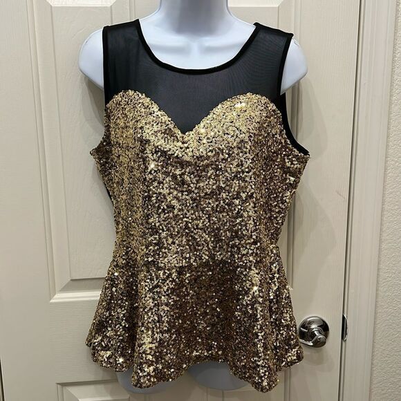 Gianni Bini Peplum Top Woman’s Gold Sequins Sheer Scoop Neck Sleeveless Large - Picture 1 of 12